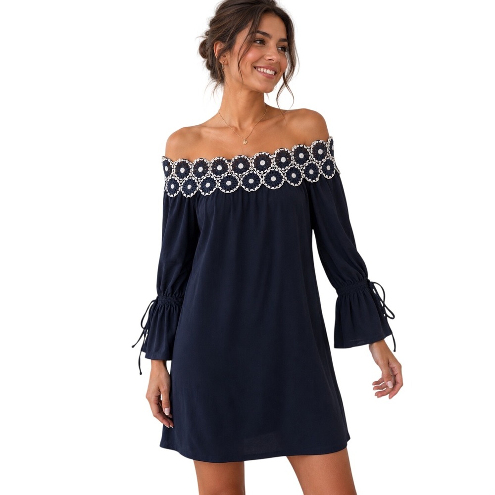 LOFT Navy Blue Off Shoulder Dress Womens Small Crochet Lace Trim Boho